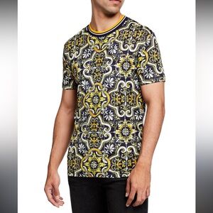 Dolce & Gabbana Majolica Tile Print T-Shirt Navy Yellow White Cotton Italy 58